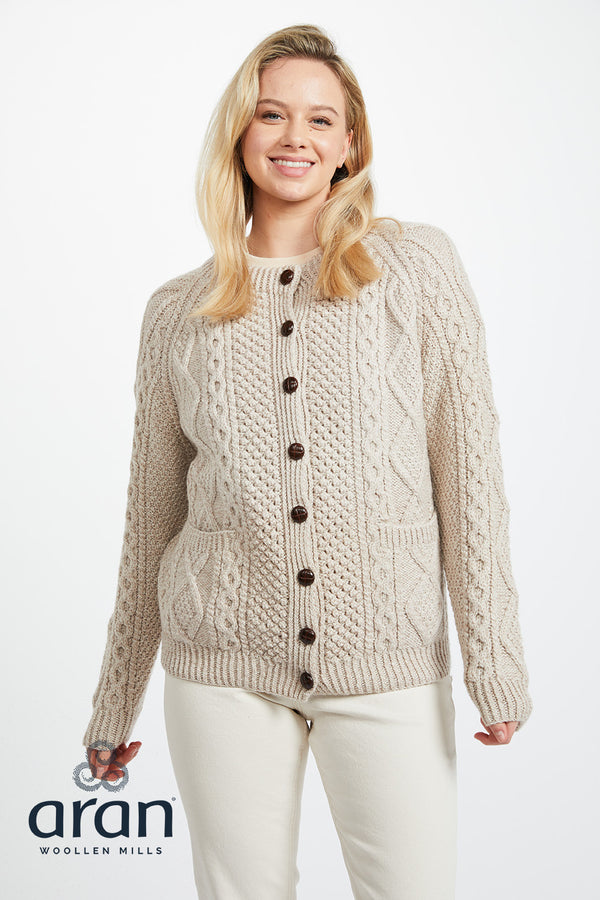 Handknit Aran Lumber Cardigan | Oatmeal