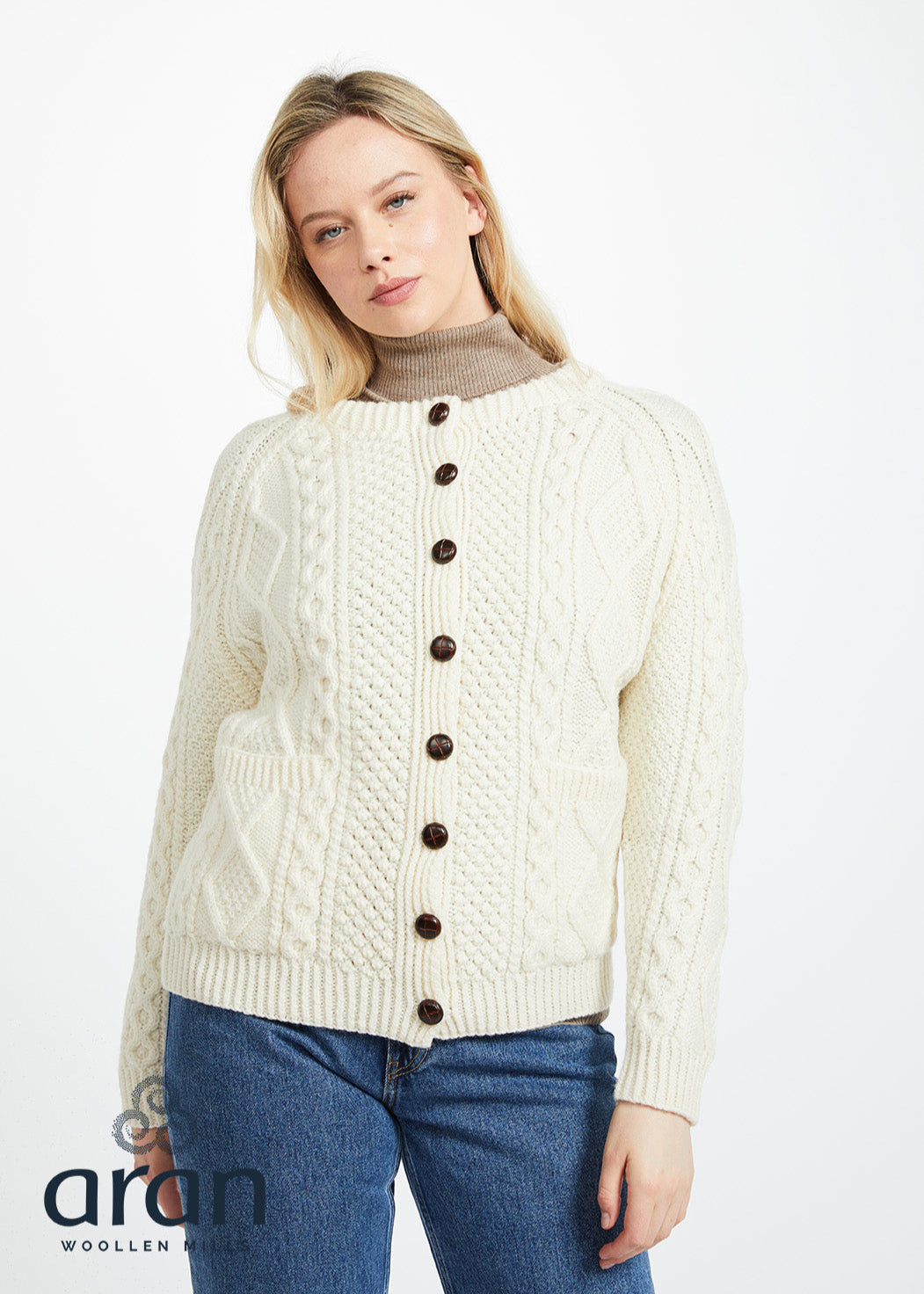 Handknit Aran Lumber Cardigan | Natural