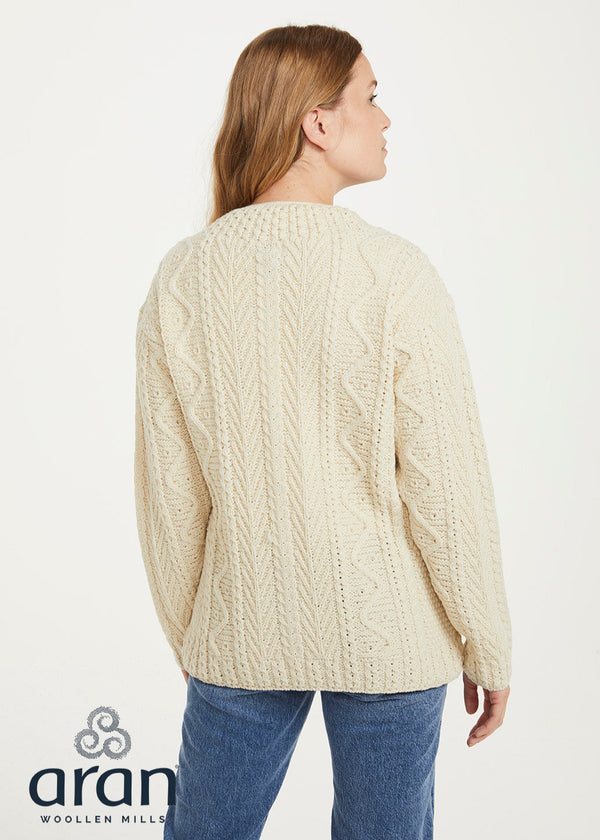 Relaxed Fit V Neck Ladies Aran Sweater | Natural