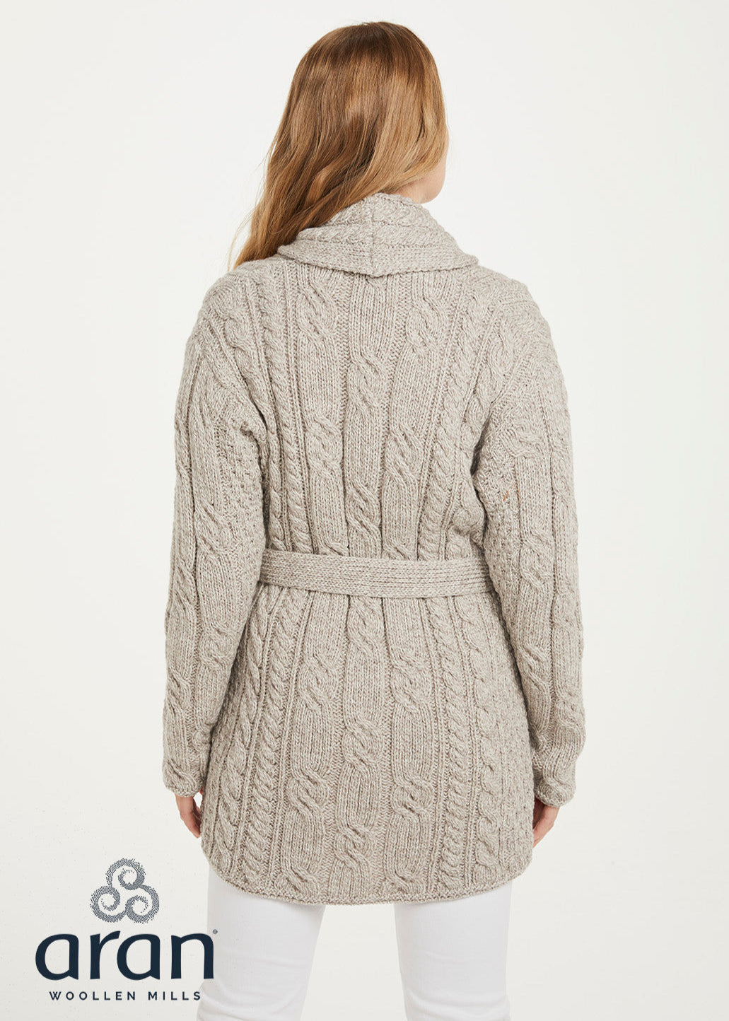 Shawl Neck Aran Belted Cardigan | Oatmeal