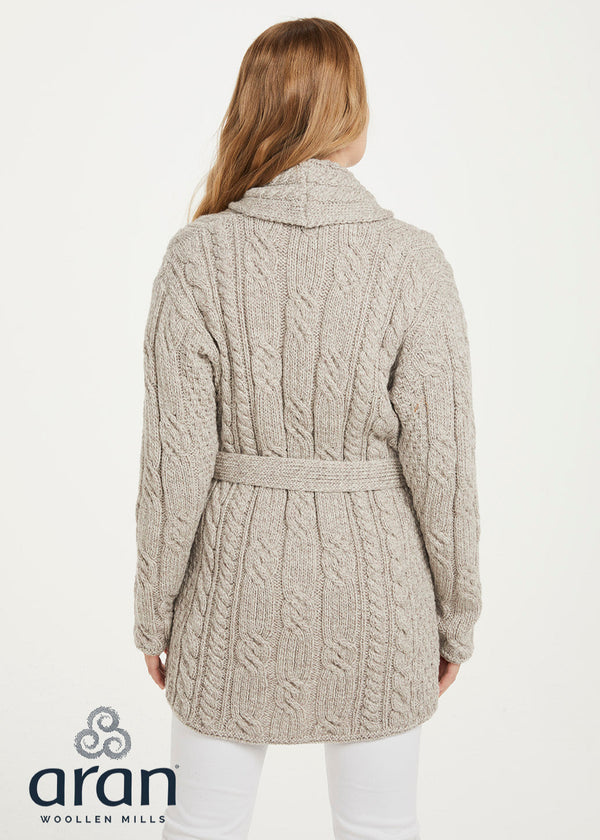 Shawl Neck Aran Belted Cardigan | Oatmeal