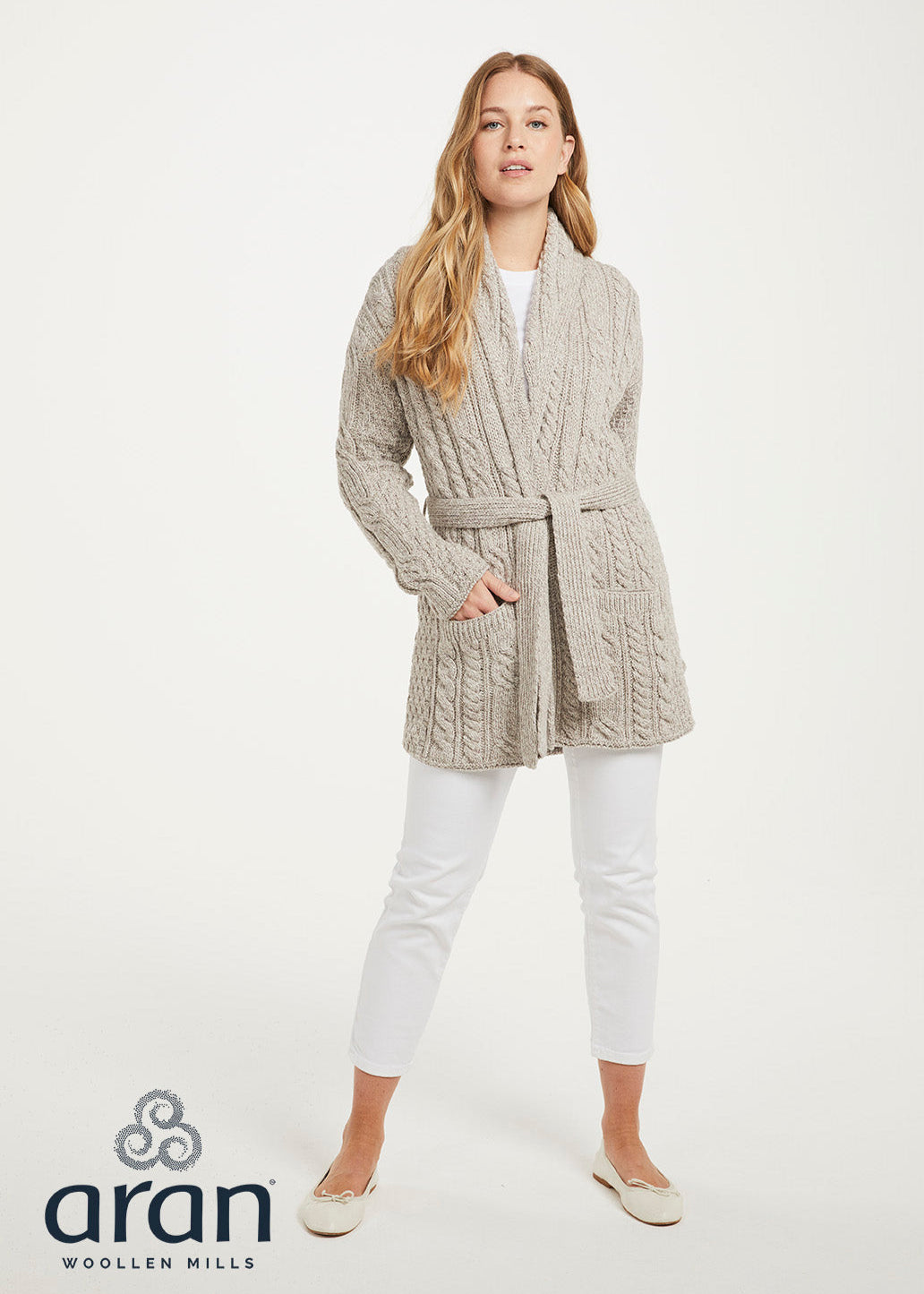 Shawl Neck Aran Belted Cardigan