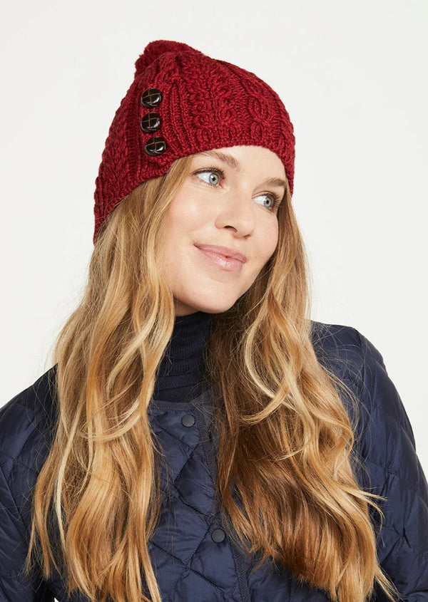 Aran Button Beanie Hat