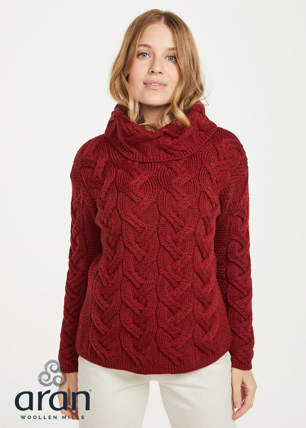 Aran Cowl Neck Chunky Sweater | Red