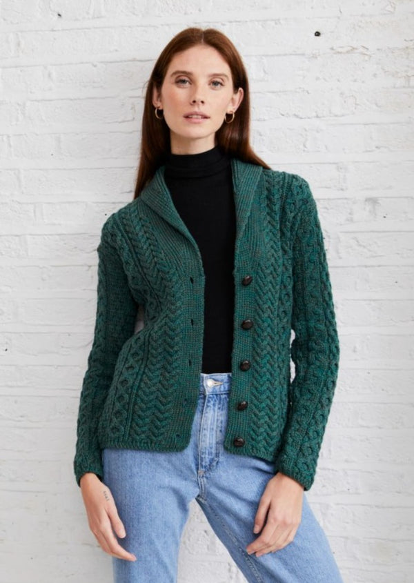Shawl Collar Aran Cardigan - Green