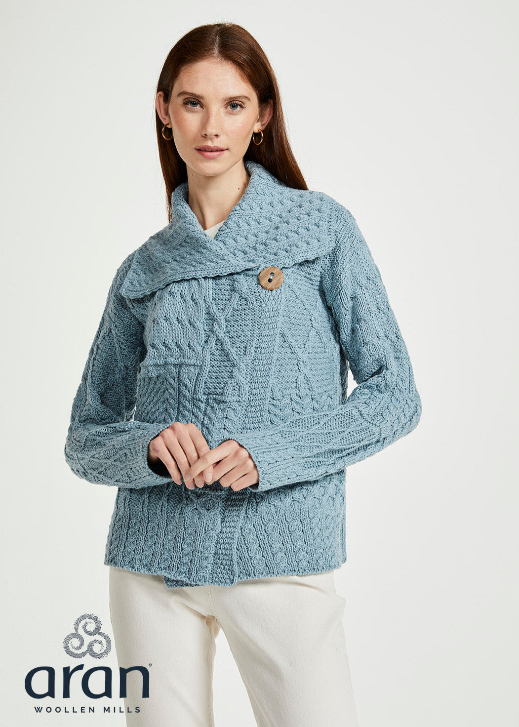 Patchwork Ladies Aran Cardigan | Mist Marl