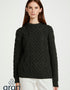Unisex-Pullover aus Aran-Wolle – traditionelles irisches Zopfmuster | Armeegrün