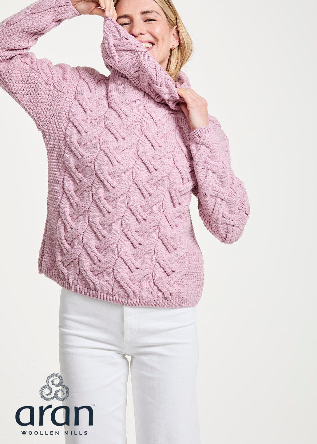 Aran Cowl Neck Chunky Sweater | Pink
