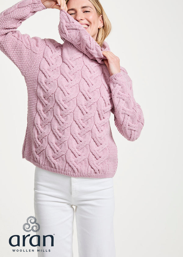 Aran Cowl Neck Chunky Sweater | Pink