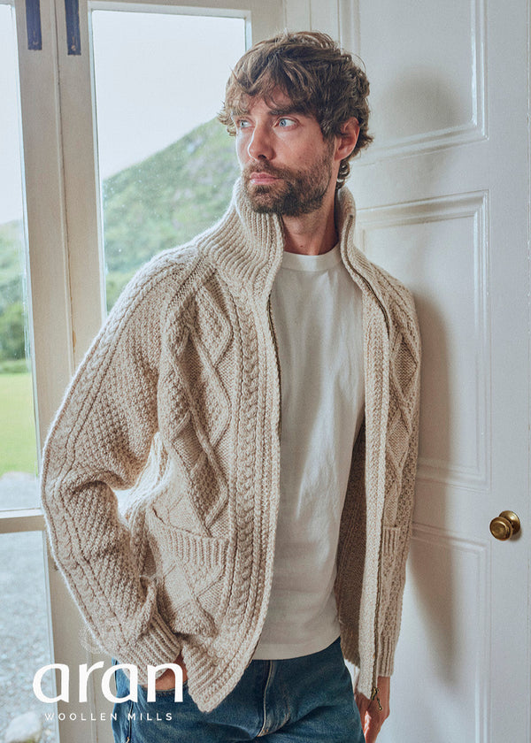 Handknit Men's Aran Cardigan | Oatmeal