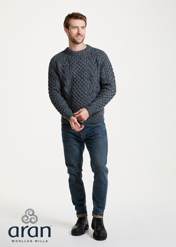 Aran Handknit Crew Neck Sweater | Silver
