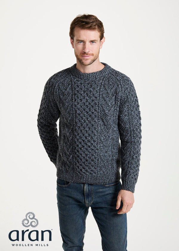 Aran Handknit Crew Neck Sweater | Silver