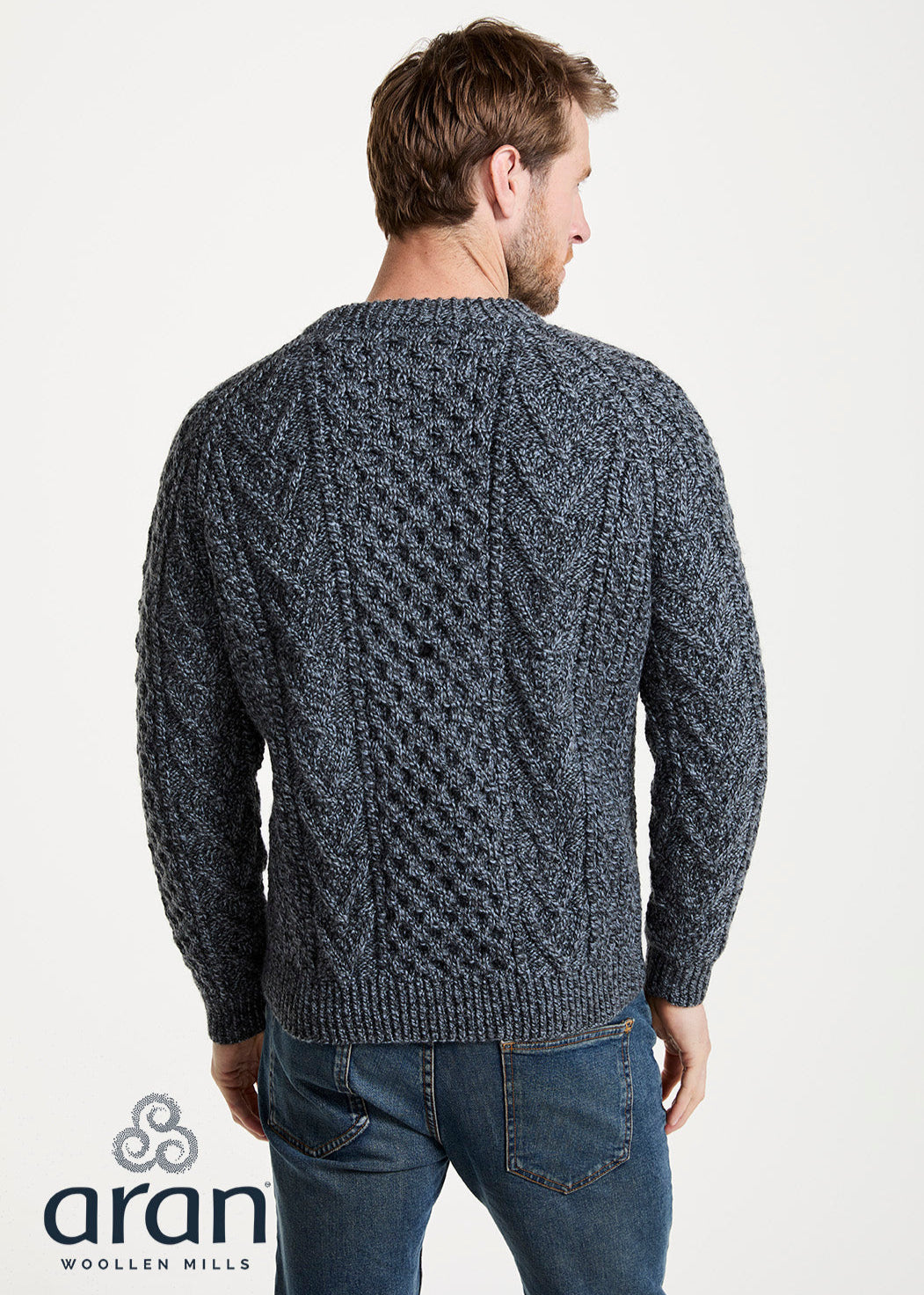 Aran Handknit Crew Neck Sweater | Silver