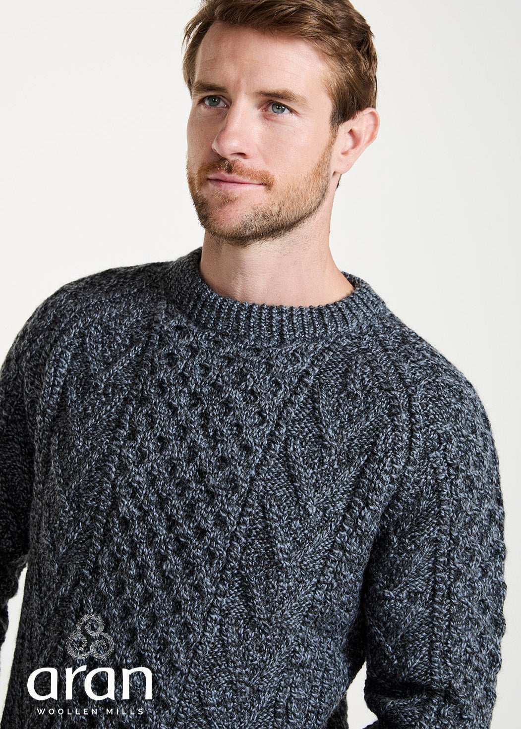 Aran Handknit Crew Neck Sweater | Silver