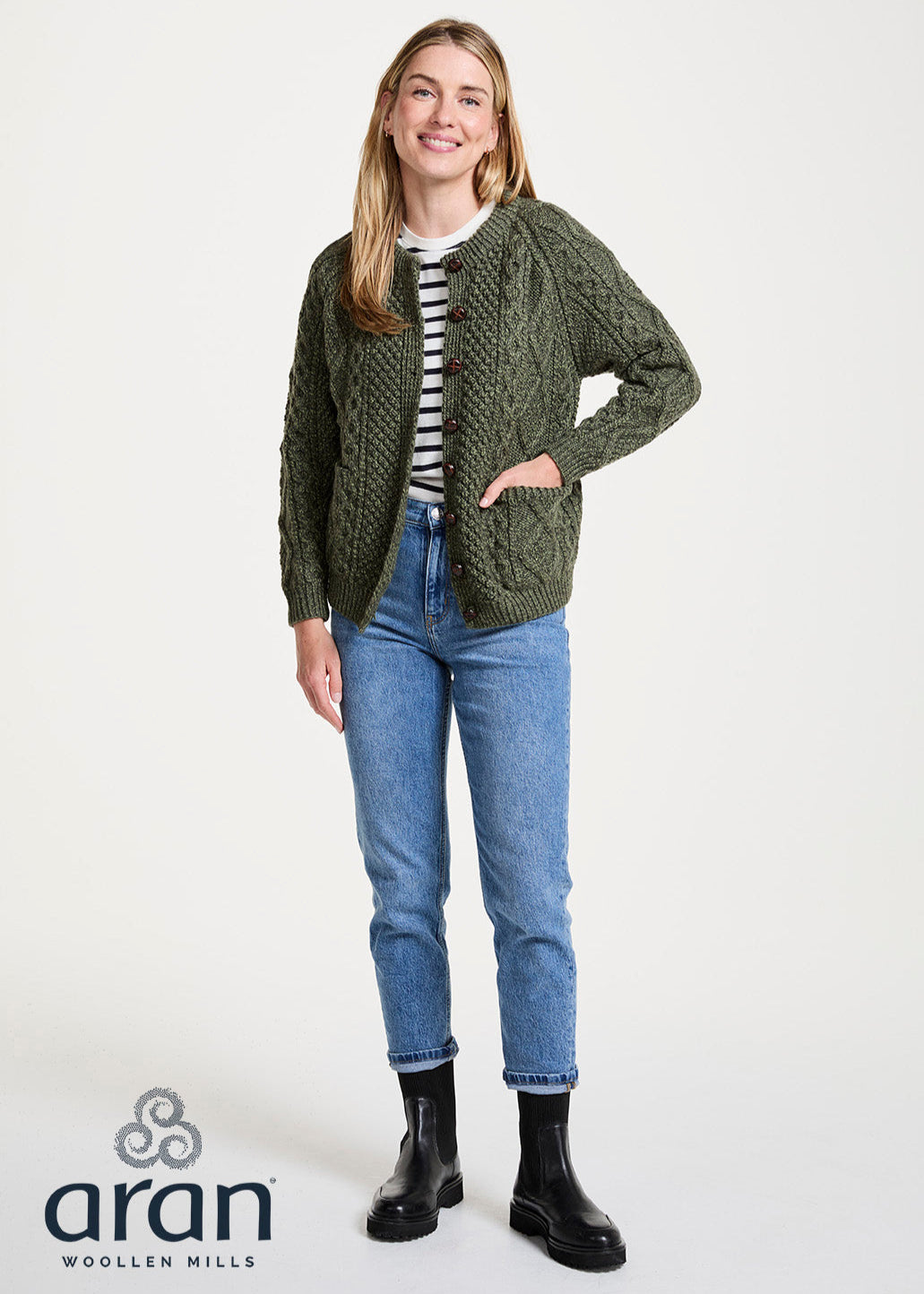 Handknit Aran Lumber Cardigan | Green
