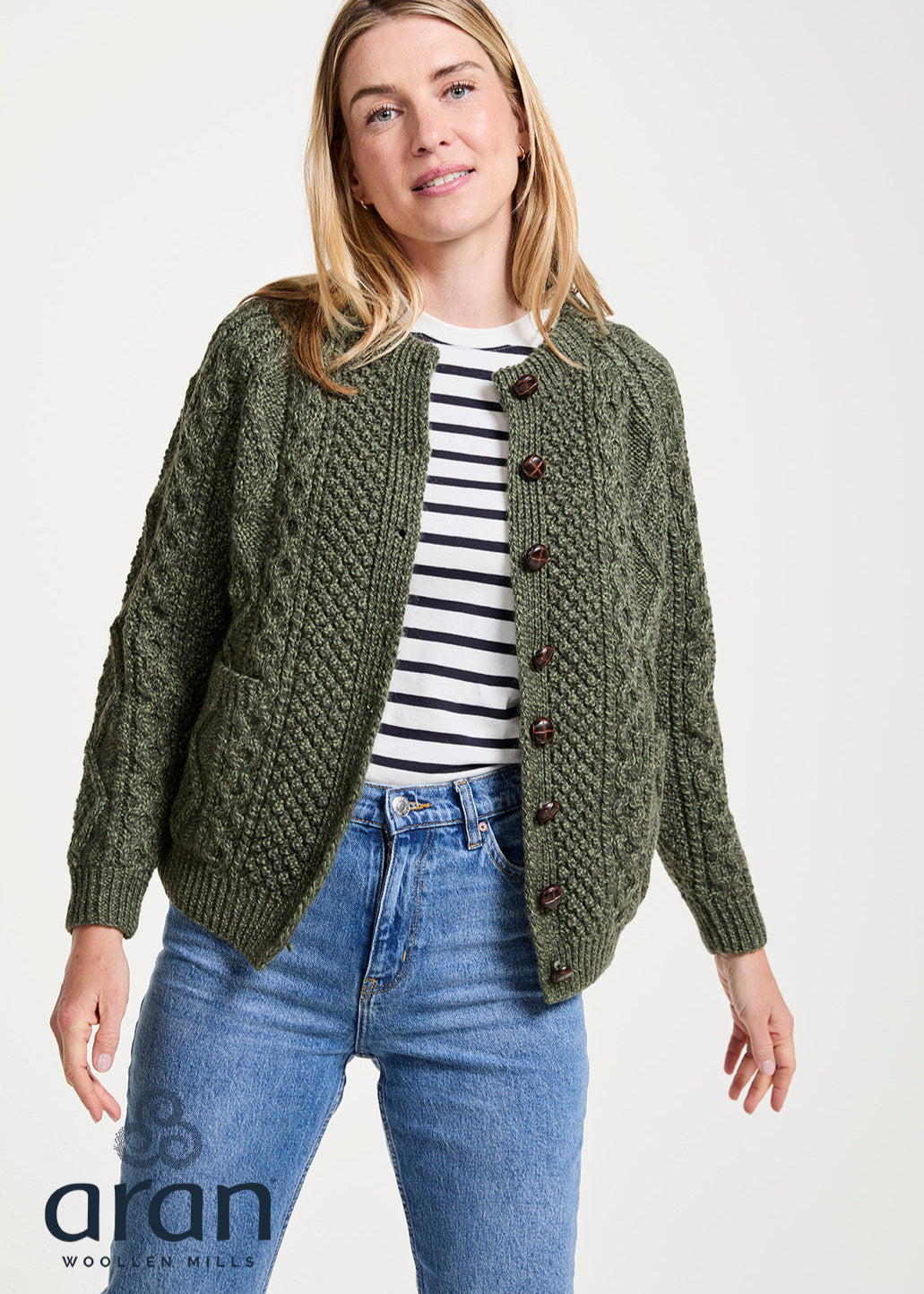 Handknit Aran Lumber Cardigan | Green
