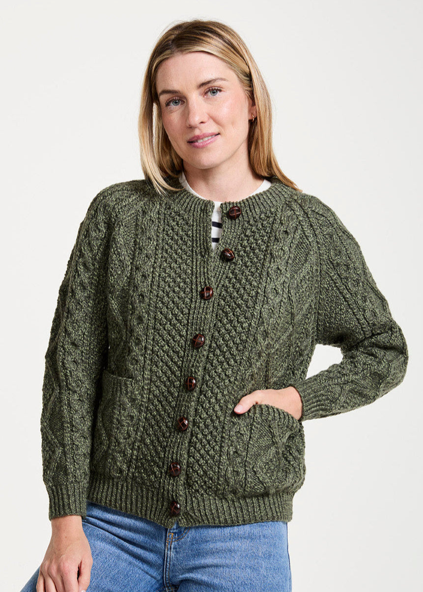 Handknit Aran Lumber Cardigan | Green