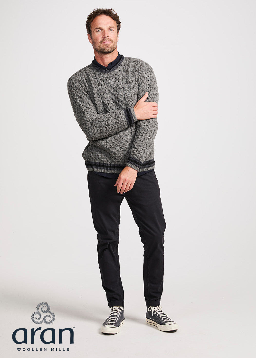 Aran Men's Stripe Sweater | Grey