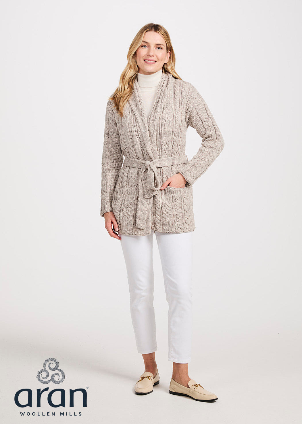 Shawl Neck Aran Belted Cardigan