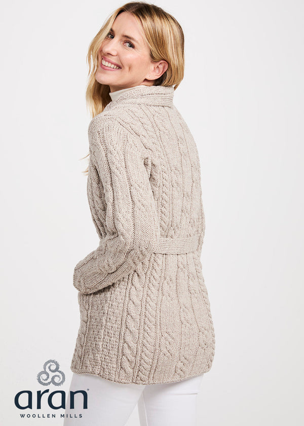 Shawl Neck Aran Belted Cardigan | Oatmeal