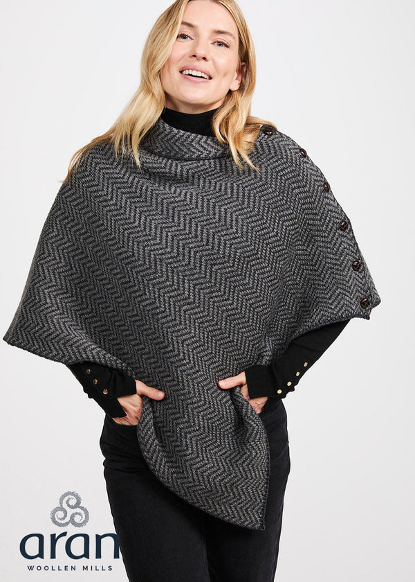 Ladies Herringbone Poncho | Charcoal