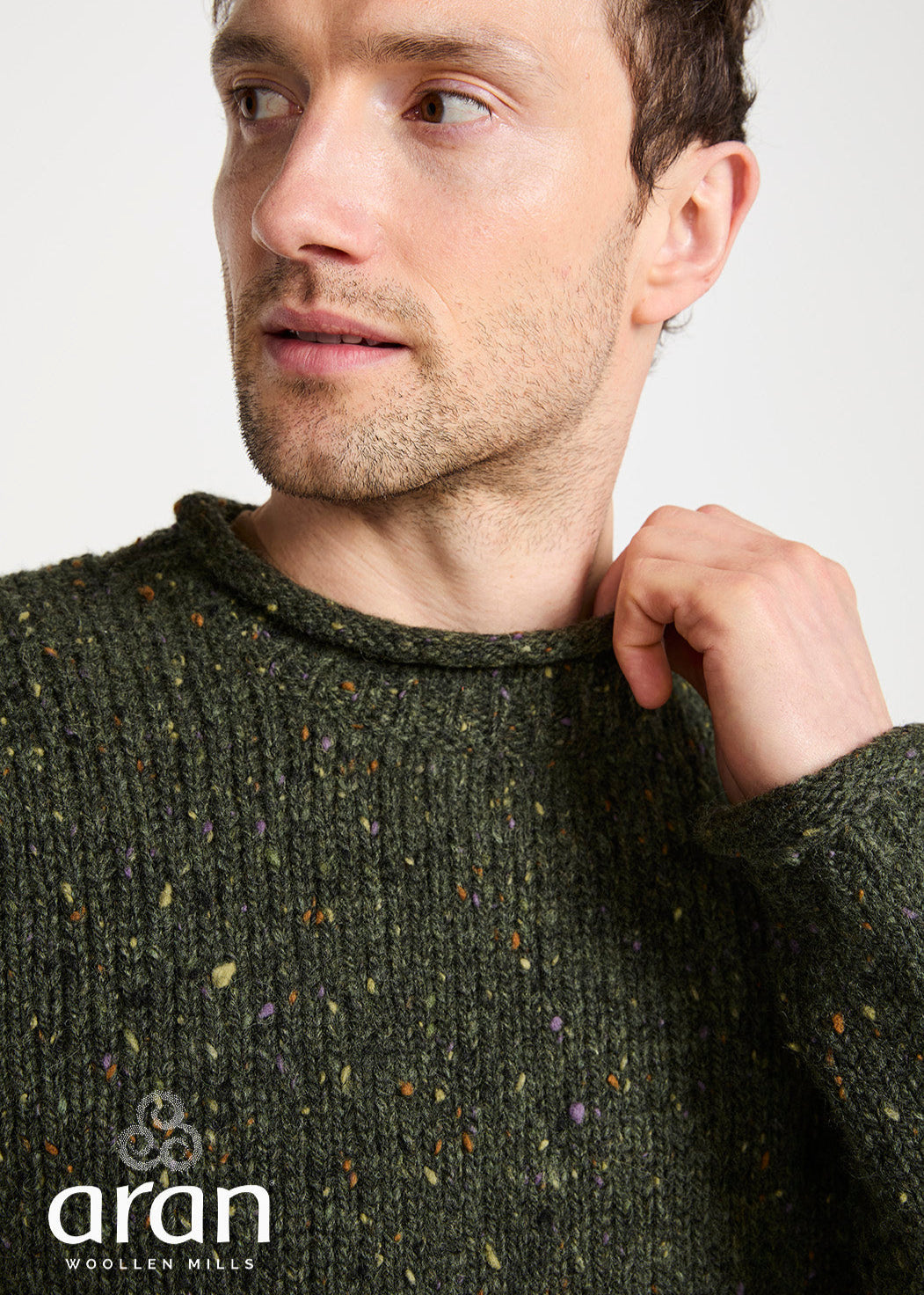 Raheen Tweed Roll Neck Mens Sweater | Green