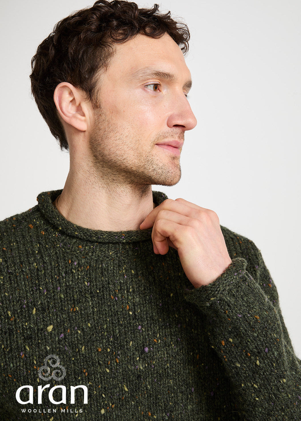 Raheen Tweed Roll Neck Mens Sweater | Green
