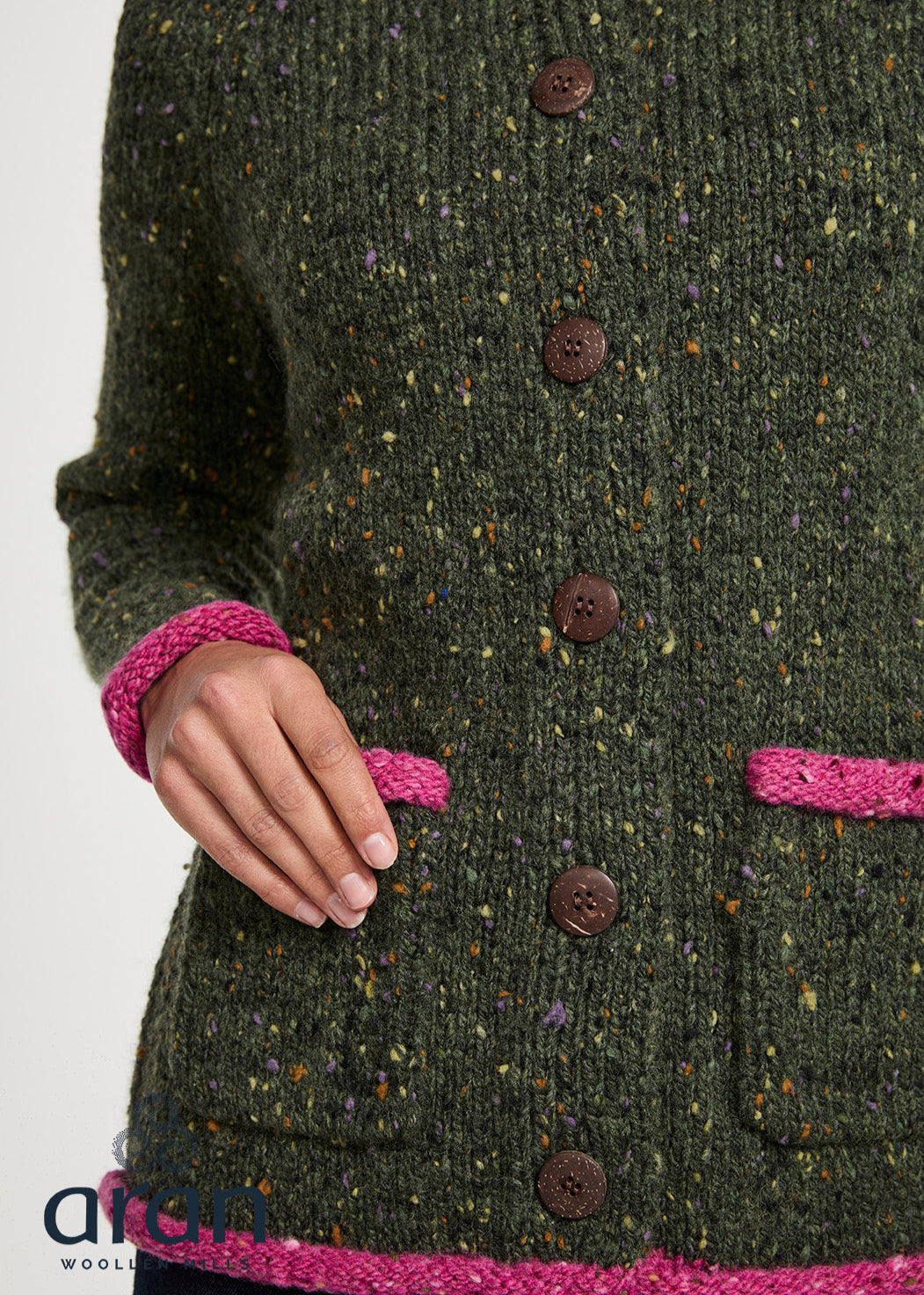 Donegal Ladies' Raglan Cardigan | Green Pink