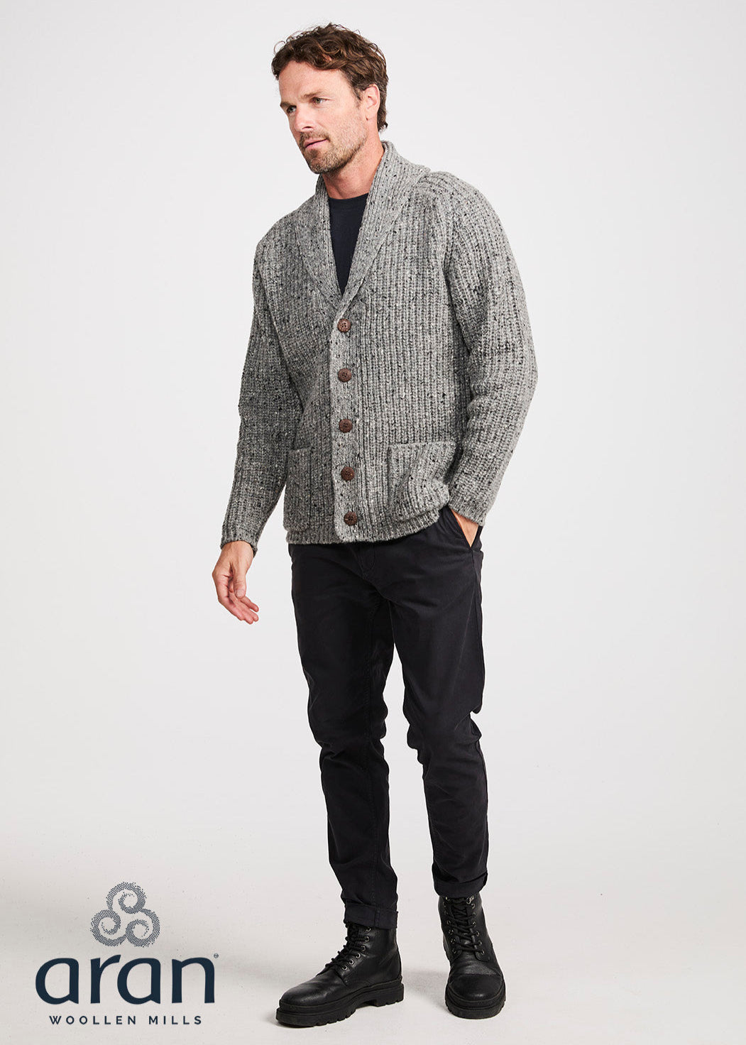 Men's Fisherman Rib Shawl Cardigan | Grey