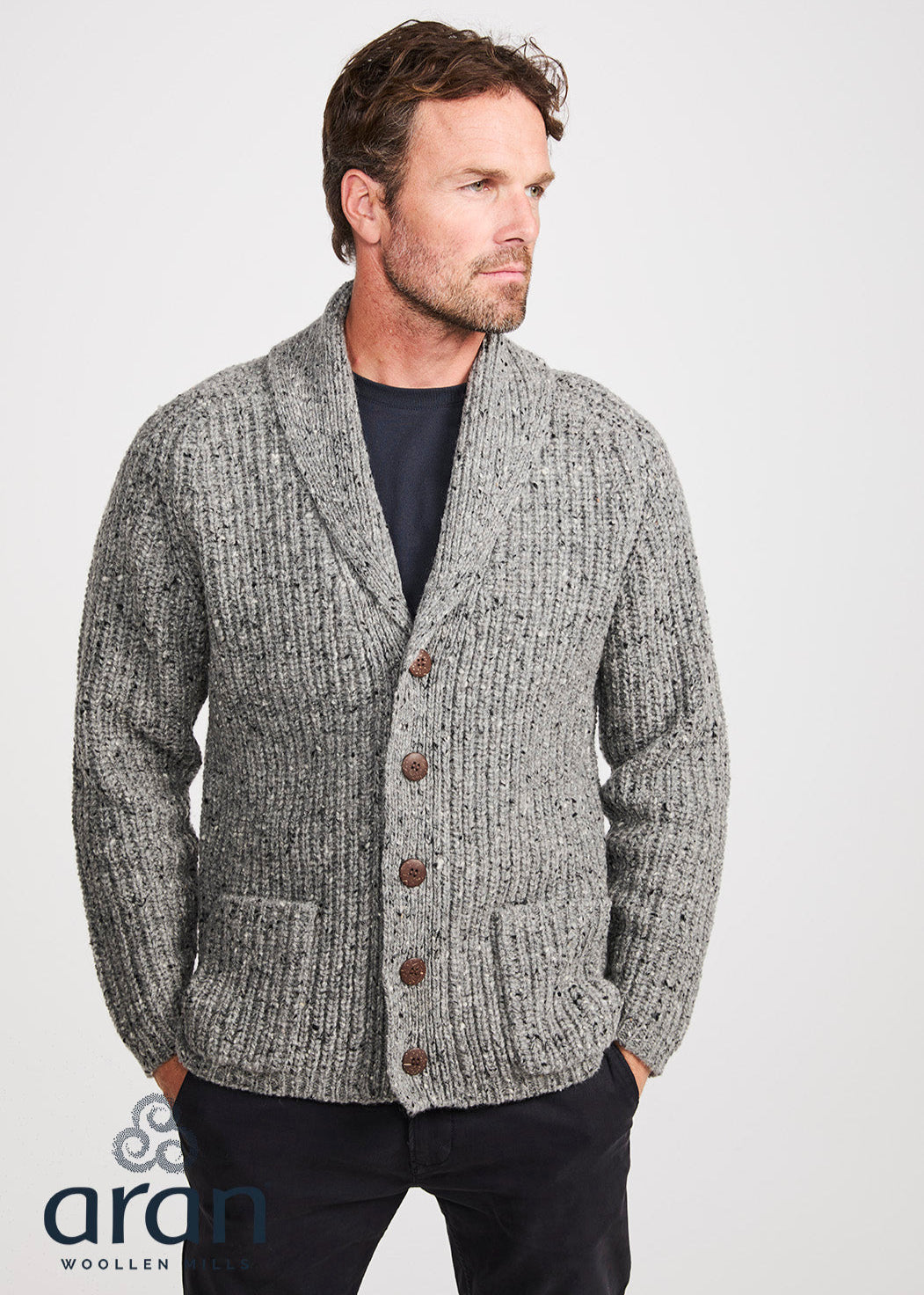 Men's Fisherman Rib Shawl Cardigan | Grey