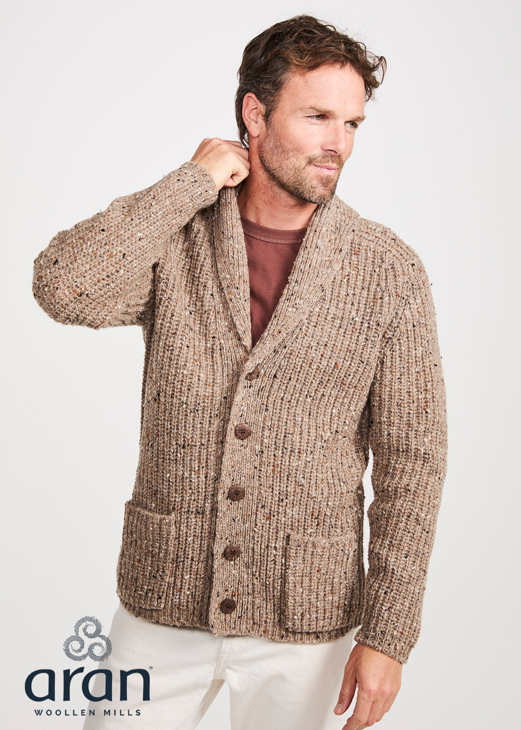 Men's Fisherman Rib Shawl Cardigan | Brown