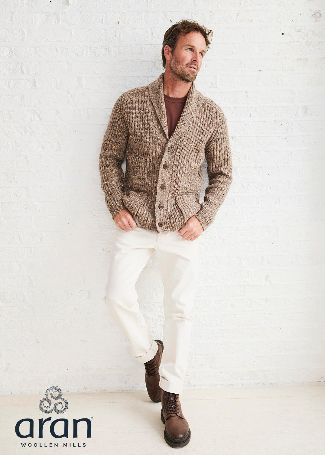Men's Fisherman Rib Shawl Cardigan | Brown