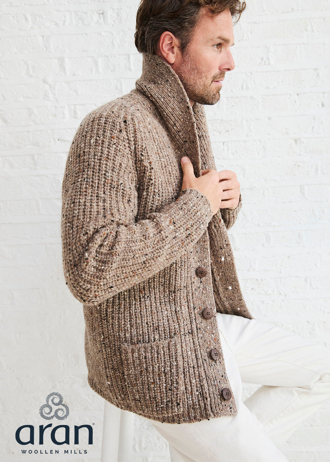 Men's Fisherman Rib Shawl Cardigan | Brown