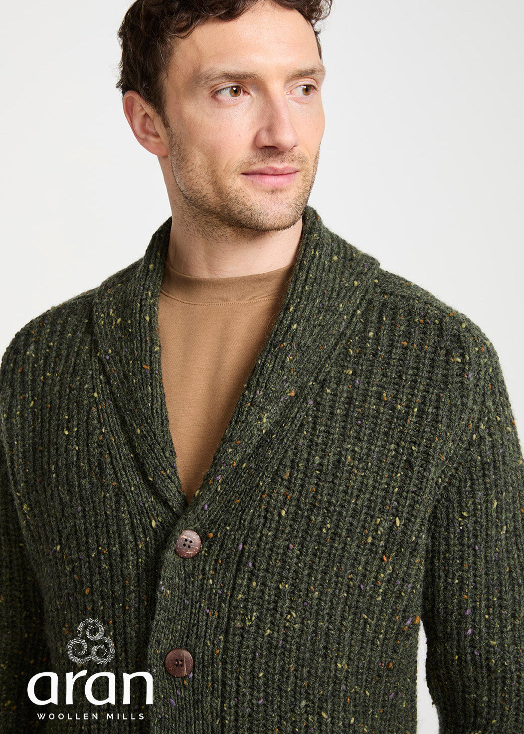 Men's Fisherman Rib Shawl Cardigan | Green