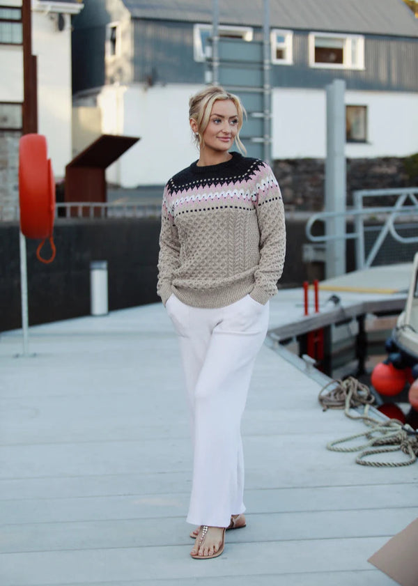 Ladies Slim-Fit Aran Fairisle Sweater | Camel