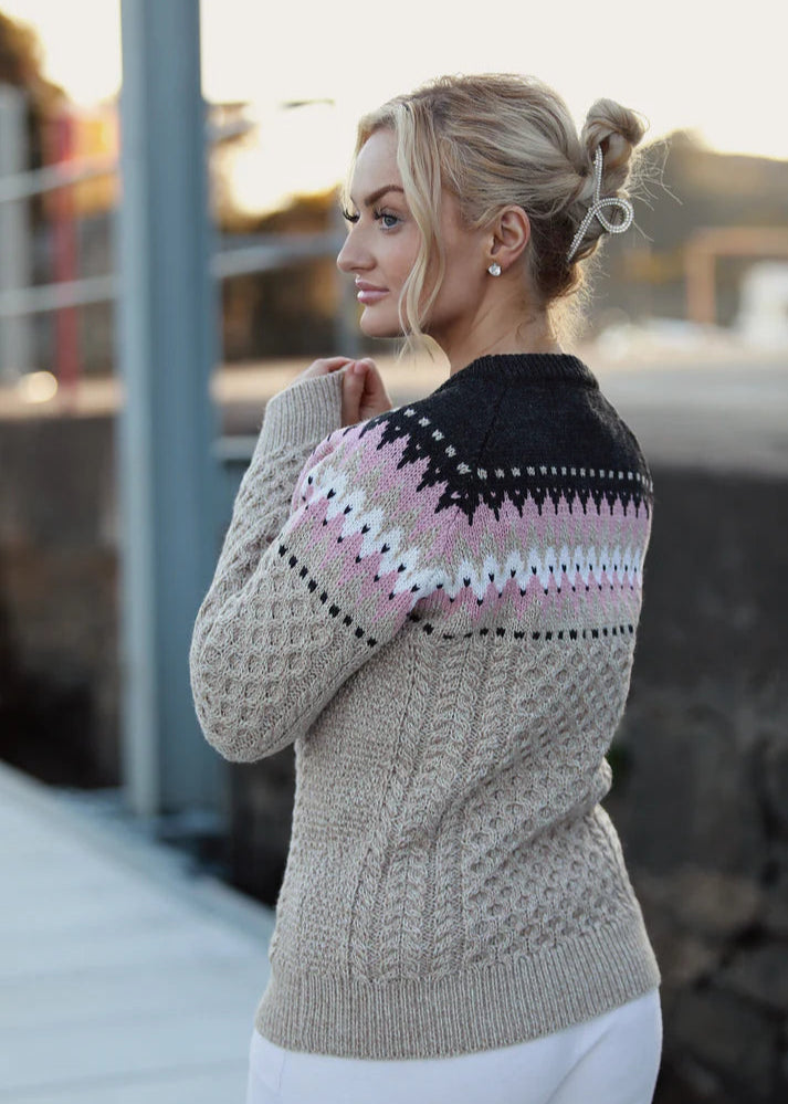 Ladies Slim-Fit Aran Fairisle Sweater | Camel