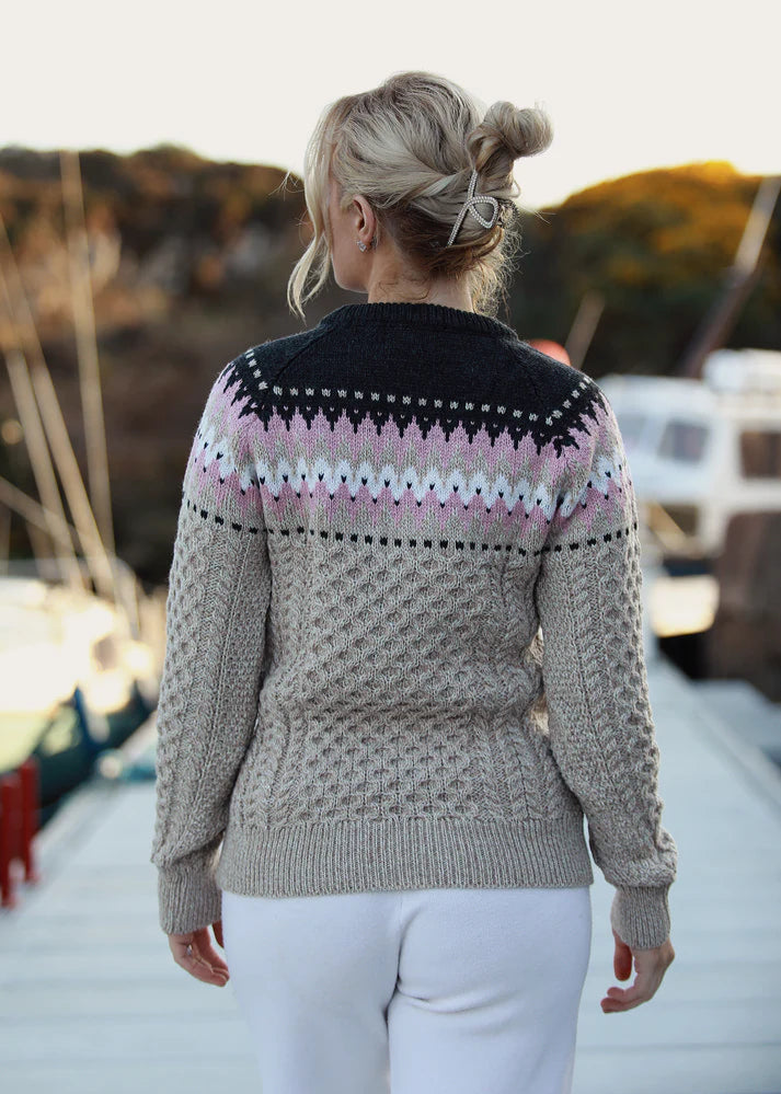 Ladies Slim-Fit Aran Fairisle Sweater | Camel