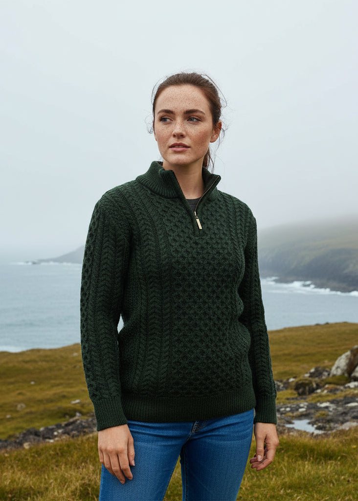 Aran Merino Wool Half Zip Sweater | Green
