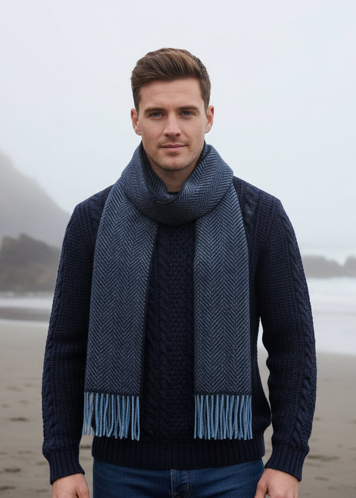 Cashmere Merino Scarf | Navy Blue Herringbone