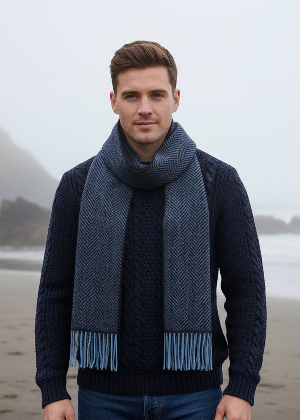 Cashmere Merino Scarf | Navy Blue Herringbone