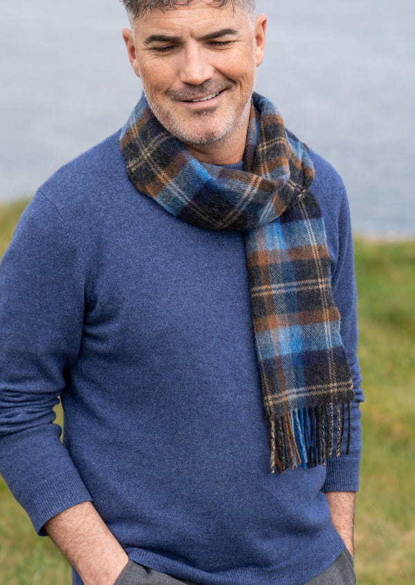 John Hanly Lambswool Scarf | Blue Orange Check