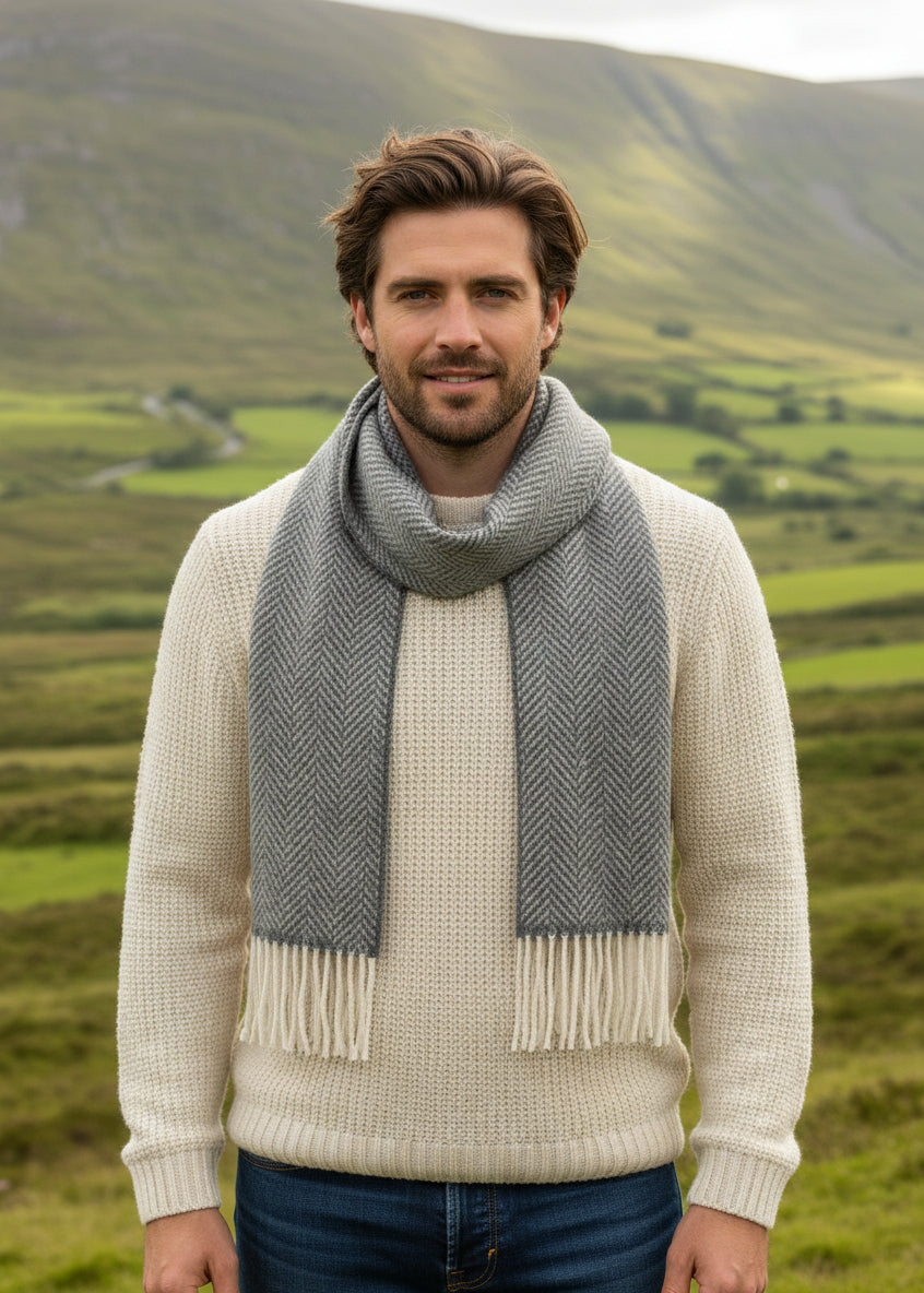 Irish Cashmere Merino Scarf Grey Herringbone