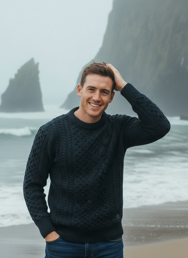 Unisex Aran Sweater | Navy Green Mix - Clearance
