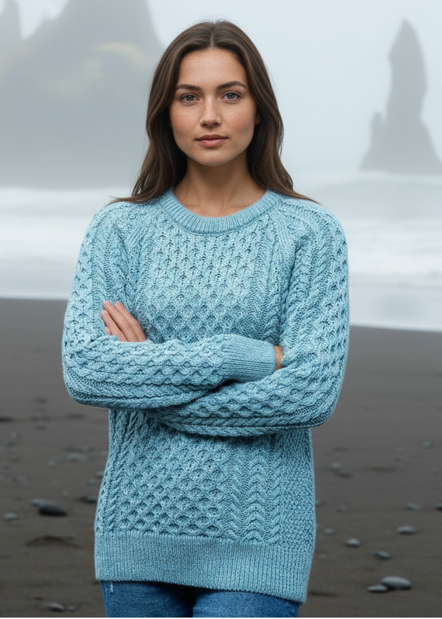 Ladies Slim-Fit Aran Sweater | Aqua