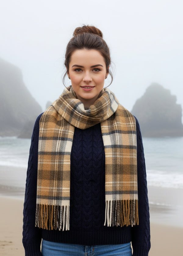 Irish Wool Scarf Short Beige Orange Check