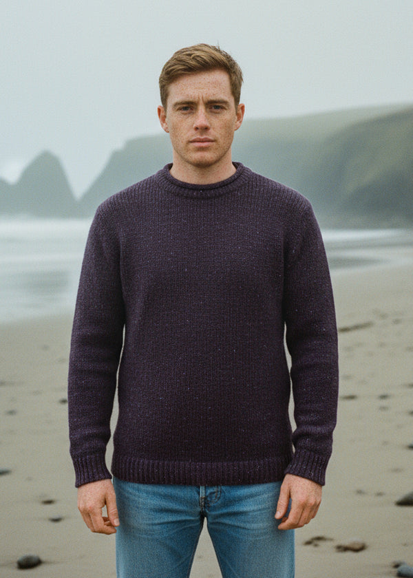 Roll Neck Merino Wool Fisherman Sweater | Purple Fleck