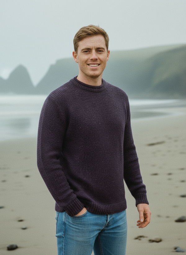 Roll Neck Merino Wool Fisherman Sweater | Purple Fleck