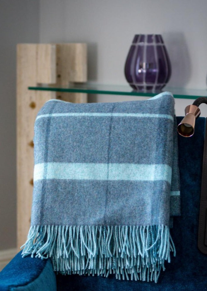 John Hanly Large Grey & Duck Egg Blue Check Blanket