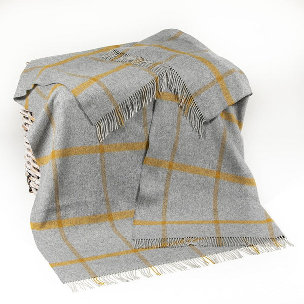 Merino Lambswool Blanket Grey Mustard Check