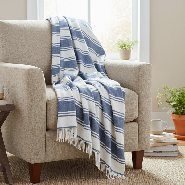 John Hanly Merino Blue & White Stripe Blanket